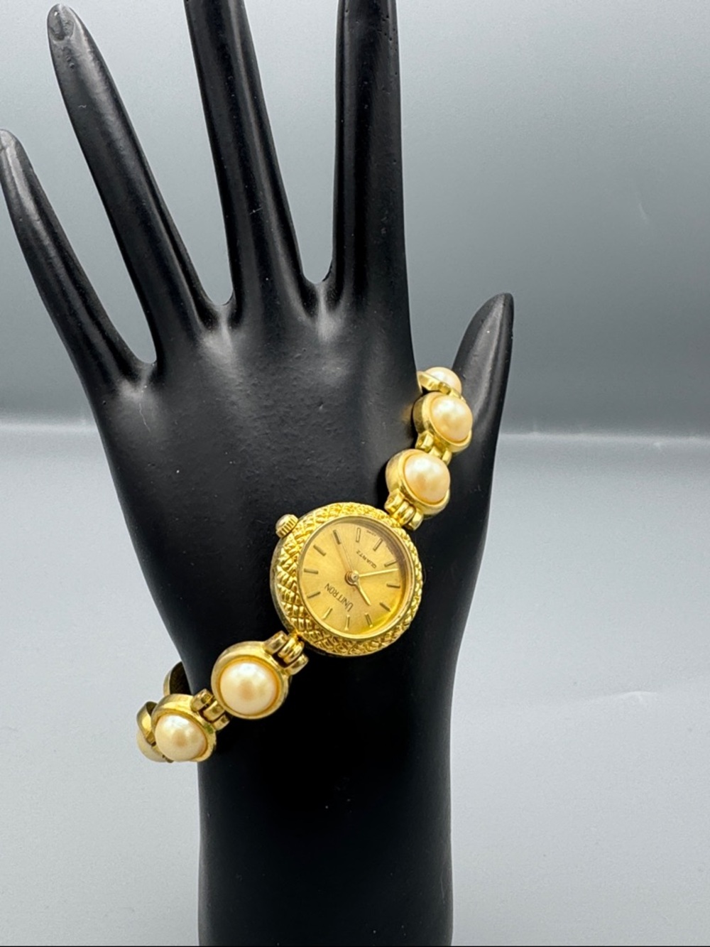 Unitron Gold Tone Pearl Accent Ladies Bracelet Watch